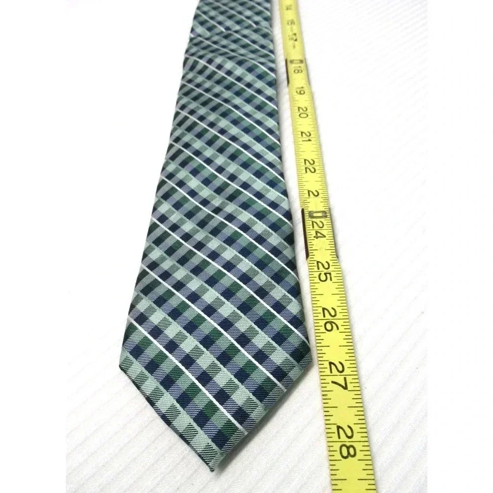 STAFFORD Tailored Cultured Men's Tie Green Blue White Diagonal Plaid Checks